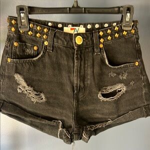 Aviator Nation Black and Gold Distressed Jean Shorts